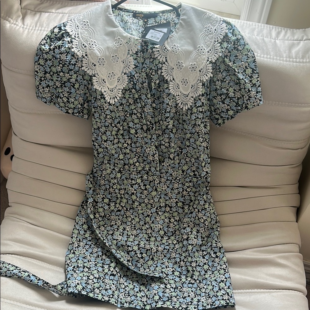 Maje Floral Mini Dress with White Lace Collar - Picture 3 of 7
